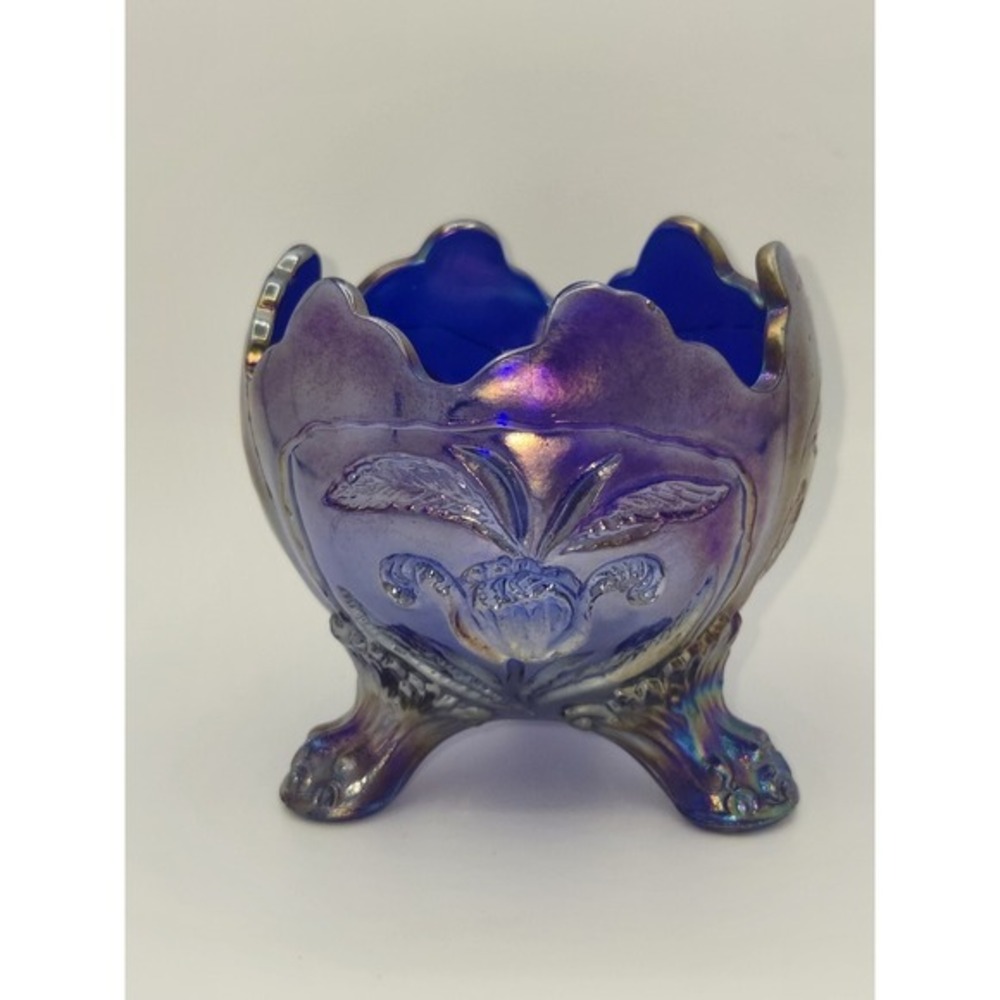 Imperial Glass Cobalt Blue Carnival Glass Holly Berry Footed Rose Bowl Vintage‎